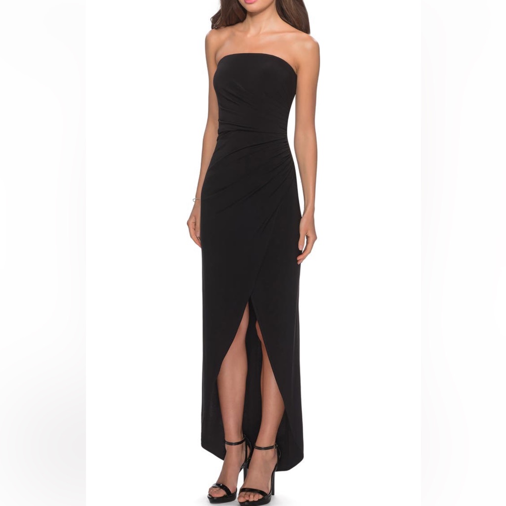 La Femme Strapless Ruched Soft Jersey Gown
